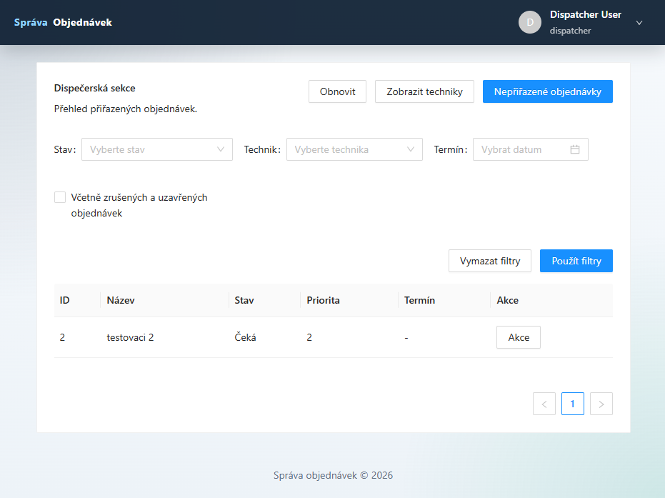 Dashboard aplikace Správa objednávek
